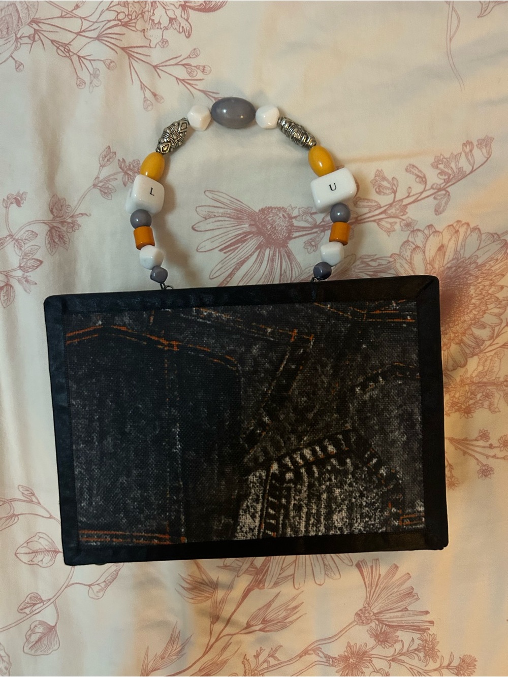 Beaded Handled Black Canvas Clutch with Yellow & Gray Accents